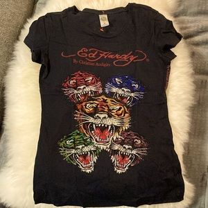 Ed Hardy by Christian Audigier rhinestone embellished tigers 🐯 black t-shirt 🐅